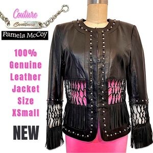 Couture 100% Genuine Leather Macramé Fringe silver Studs blazer jacket xsmall